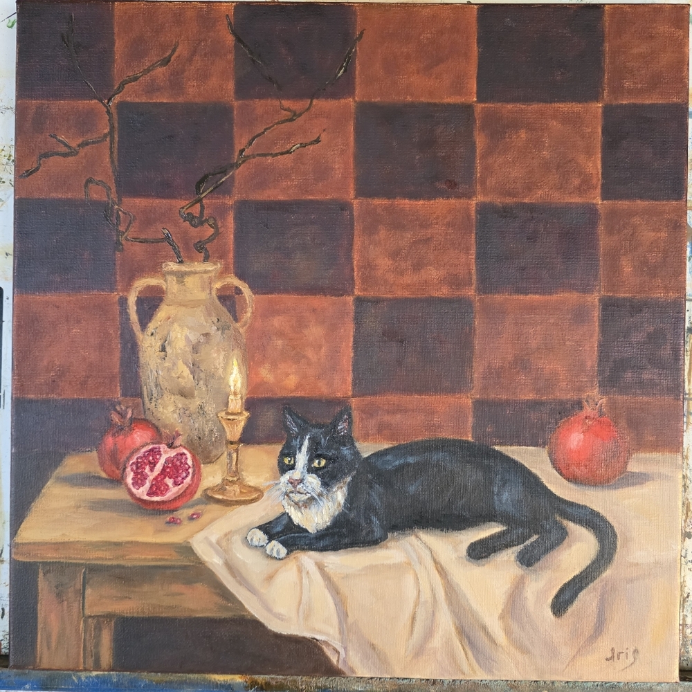 Abstract oil Painting cute Tuxedo Cat.